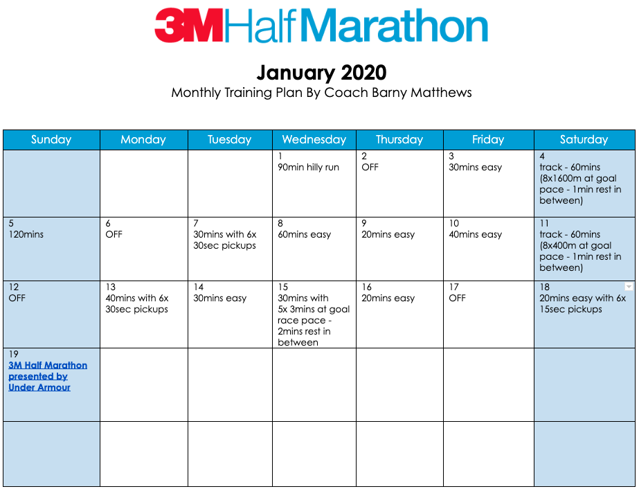 3M Half Marathon training plan for the month of January.