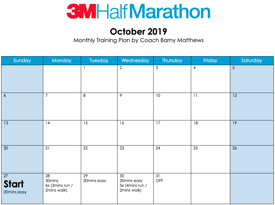 3M Half Marathon training plan for the month of October.