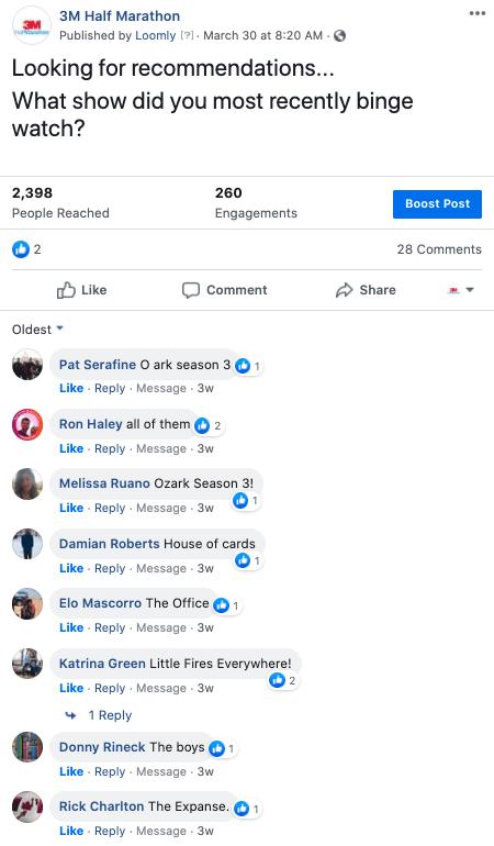 Screenshot of 3M Half Marathon Facebook post asking for binge-worthy shows from your fellow runners.