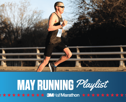 Image of runner competing during the 2019 3M Half Marathon. Below the image is text reading May Running Playlist introducing the 3M Half Marathon's newest monthly playlist.