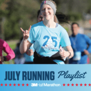 Image of runner competing during the 2019 3M Half Marathon. Below the image is text reading July Running Playlist introducing the 3M Half Marathon's newest monthly playlist.