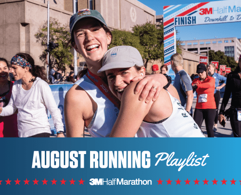 Image of two female runners hugging after they crossed the 2020 3M Half Marathon finish line. Design features text that reads August Running Playlist, 3M Half Marathon's newest monthly playlist for runners.