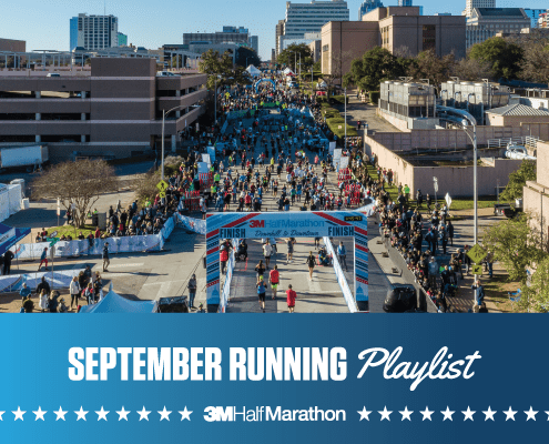 Drone image of hundreds of runners crossing the 2020 3M Half Marathon finish line. Design features text that reads September Running Playlist, 3M Half Marathon's newest monthly playlist for runners.