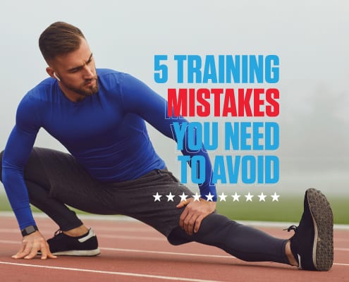 Image of male runner stretching on a track before a workout. Text to his right reads 5 Simple Training Mistakes You Need to Avoid.