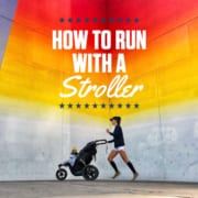 Image of a runner pushing a stroller in front of the Tau Ceti mural in Austin, Texas. The text in the design reads How to Run with a Stroller and leads to a blog with helpful advice.