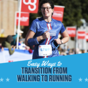 Female runner smiles as she crosses the 2020 3M Half Marathon finish line. Text on design reads Easy Ways to Transition from Walking to Running. Learn more at https://downhilltodowntown.com/transition-from-walking-to-running/
