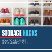 Stacked cubes that save space and organize shoes. Text in design reads Storage Hacks, How to Organize Your Running Shoes. Check out more ideas at https://downhilltodowntown.com/organize-your-running-shoes/