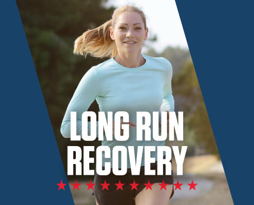 Female runner running towards the camera. Text in design reads Long Run Recovery. Blog posts highlights a long run recovery timeline. Learn more at http://im8.22e.myftpupload.com/long-run-recovery-timeline/