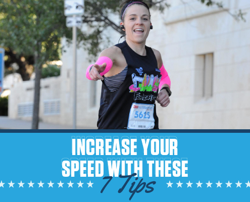 Female runner shows the peace sign with her right hand during the 2020 3M Half Marathon. Text on design reads Increase Your Speed with these 7 Tips. Learn more at http://im8.22e.myftpupload.com/increase-your-speed/