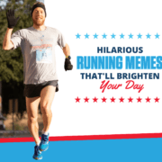 Runners pumps his fist in the air during the 3M Half Marathon. Text on design reads Hilarious Running Memes That'll Brighten Your Day. Read more at https://downhilltodowntown.com/running-memes/
