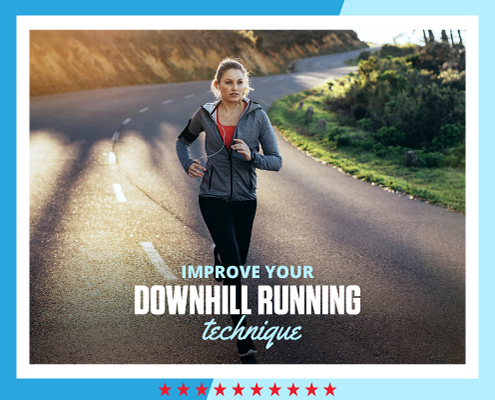 Female runner runs on a road with a downhill grade. Text on design reads Improve Your Downhill Running Technique. Learn more at http://im8.22e.myftpupload.com/improve-your-downhill-running-technique/