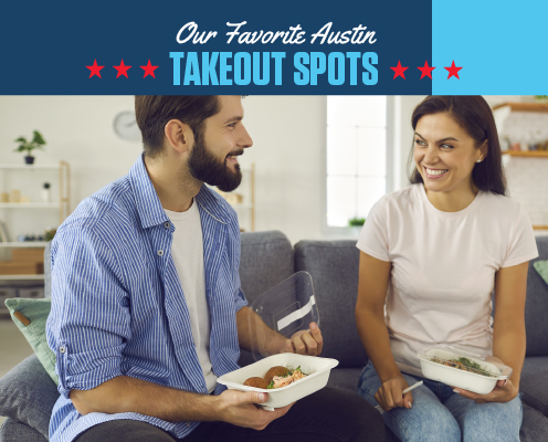 Couple sits on their couch smiling, eating takeout food. Text on design reads Our Favorite Austin Takeout Spots. Read more at http://im8.22e.myftpupload.com/austin-takeout-spots/