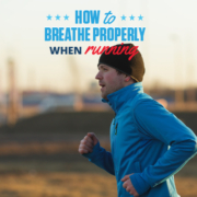 Runner runs in cold weather gear. Text on design reads How to Breathe Properly When Running. Learn more at https://downhilltodowntown.com/breathe-properly-when-running/