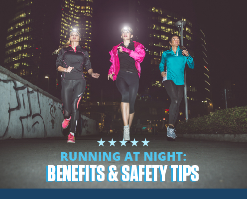 Three women are running at night in reflective clothing and wearing a headlamp. Text on design reads Running at Night: Benefits and Safety Tips. Read more at http://im8.22e.myftpupload.com/running-at-night/