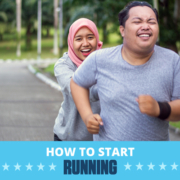 Male and female runners laugh during the middle of their run. Text on design reads How to Start Running. Learn more at https://downhilltodowntown.com/start-running-today/