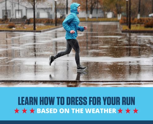 Runner knows what to wear and is dressed in layers while running in the rain. Text on design reads Learn How to Dress for Your Run Based on the Weather. Read more at http://im8.22e.myftpupload.com/what-to-wear/