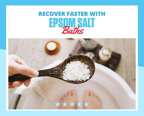 Wooden spoon holds Epsom salt over a bath tub of water. Text on design reads Recover Faster with Epsom Salt Baths. Learn more at http://im8.22e.myftpupload.com/epsom-salt-baths/