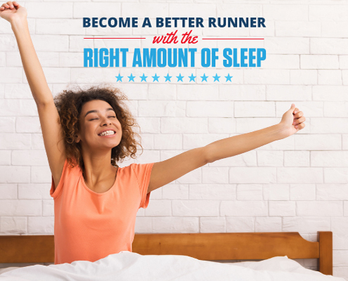 Women stretches her arms in bed after a full night of sleep. Text on design reads Become a Better Runner with the Right Amount of Sleep. Learn more at http://im8.22e.myftpupload.com/right-amount-of-sleep/