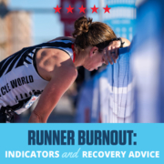 Female runner leans on the fence at the 3M Half Marathon finish line. Text on design reads Runner Burnout: Indicators and Recovery Advice. Learn more at http://im8.22e.myftpupload.com/runner-burnout-indicators-recovery-advice/