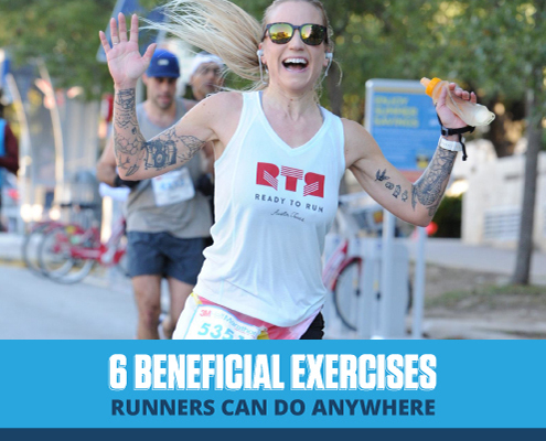 Runners opens her arms wide and smiles for the camera during 3M Half Marathon. Text on design reads 6 Beneficial Exercises Runners Can Do Anywhere. Read more at http://im8.22e.myftpupload.com/beneficial-exercises-for-runners/