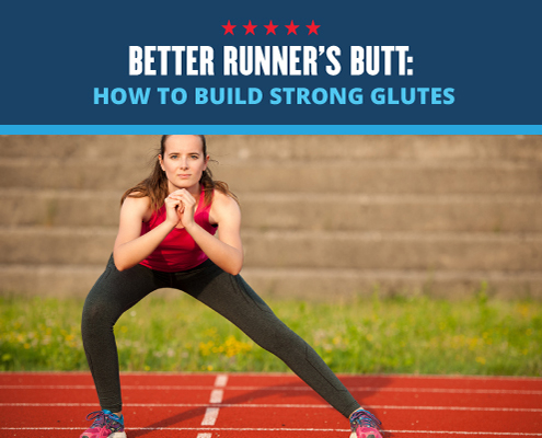 Female runner lunging sideways on a track. Text on design reads Better Runner's Butt: How to Build Strong Glutes. Learn more at http://im8.22e.myftpupload.com/better-runners-butt/