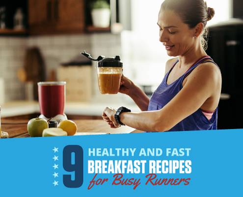 Female runner stands in her kitchen and holds a smoothie in her hand. Text on design reads 9 Healthy and Fast Breakfast Recipes for Busy Runners. Check them out http://im8.22e.myftpupload.com/healthy-and-fast-breakfast-recipes/