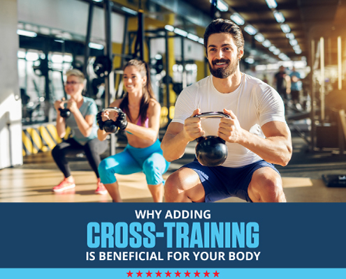 Group of three works out by lifting weights in the gym. Text on design reads Why Adding Cross-Training is Beneficial for Your Body. Read more at http://im8.22e.myftpupload.com/cross-training-is-beneficial/