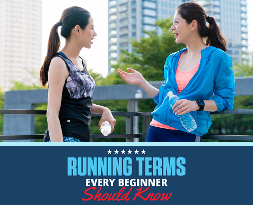 Two women chat with one another before going on a run. Text on design reads Running Terms Every Beginner Should Know. Learn about them at https://downhilltodowntown.com/beginner-running-terms/