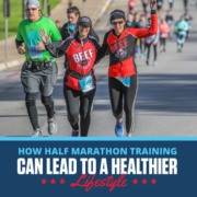 Runners wave to the camera during the 3M Half Marathon. Text on design reads How Half Marathon Training Can Lead to a Healthier Lifestyle. Read more at http://im8.22e.myftpupload.com/healthier-lifestyle-half-marathon-training/