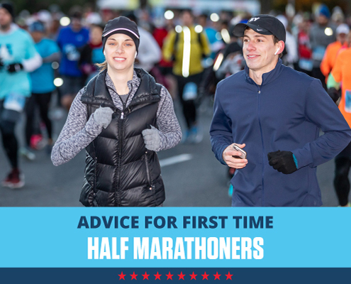 A male and female smile for the camera while running during the 3M Half Marathon. Text on design reads Advice for Beginner Half Marathoners. Learn more at https://downhilltodowntown.com/beginner-half-marathoners/